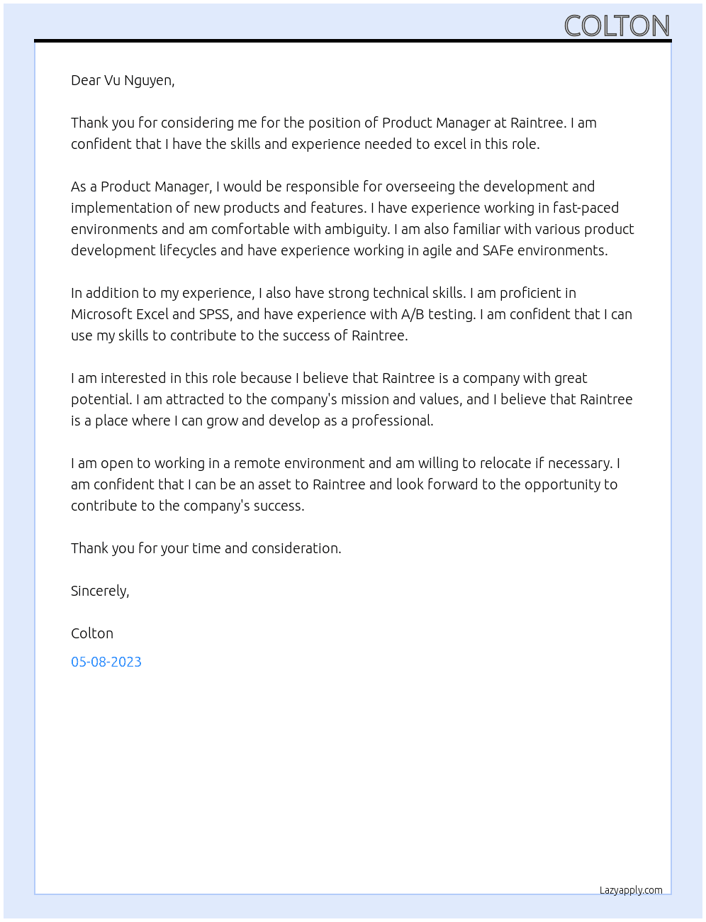 Product Manager At Raintree Cover Letter