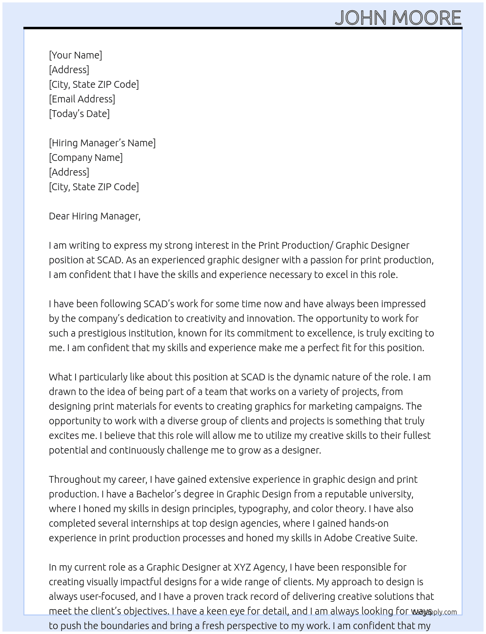Print Production/ Graphic Designer At SCAD Cover Letter