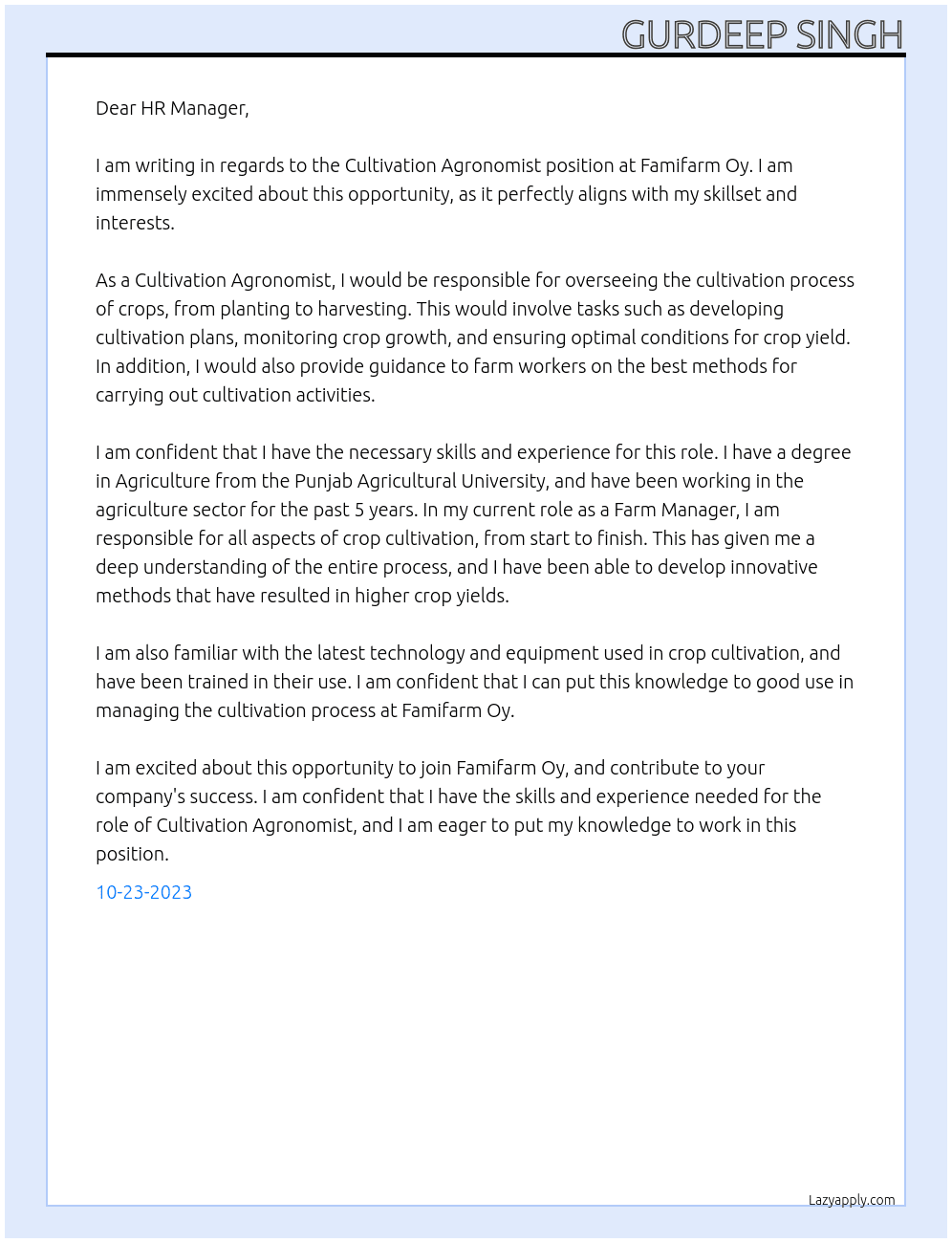 Cultivation Agronomist At Famifarm Oy Cover Letter
