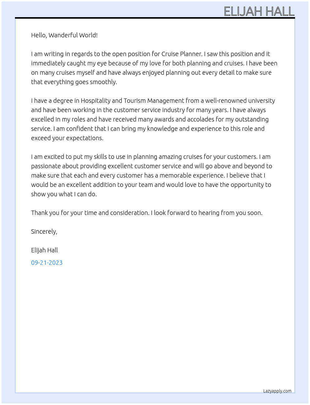 Cruise Planner At Wanderful World Cover Letter