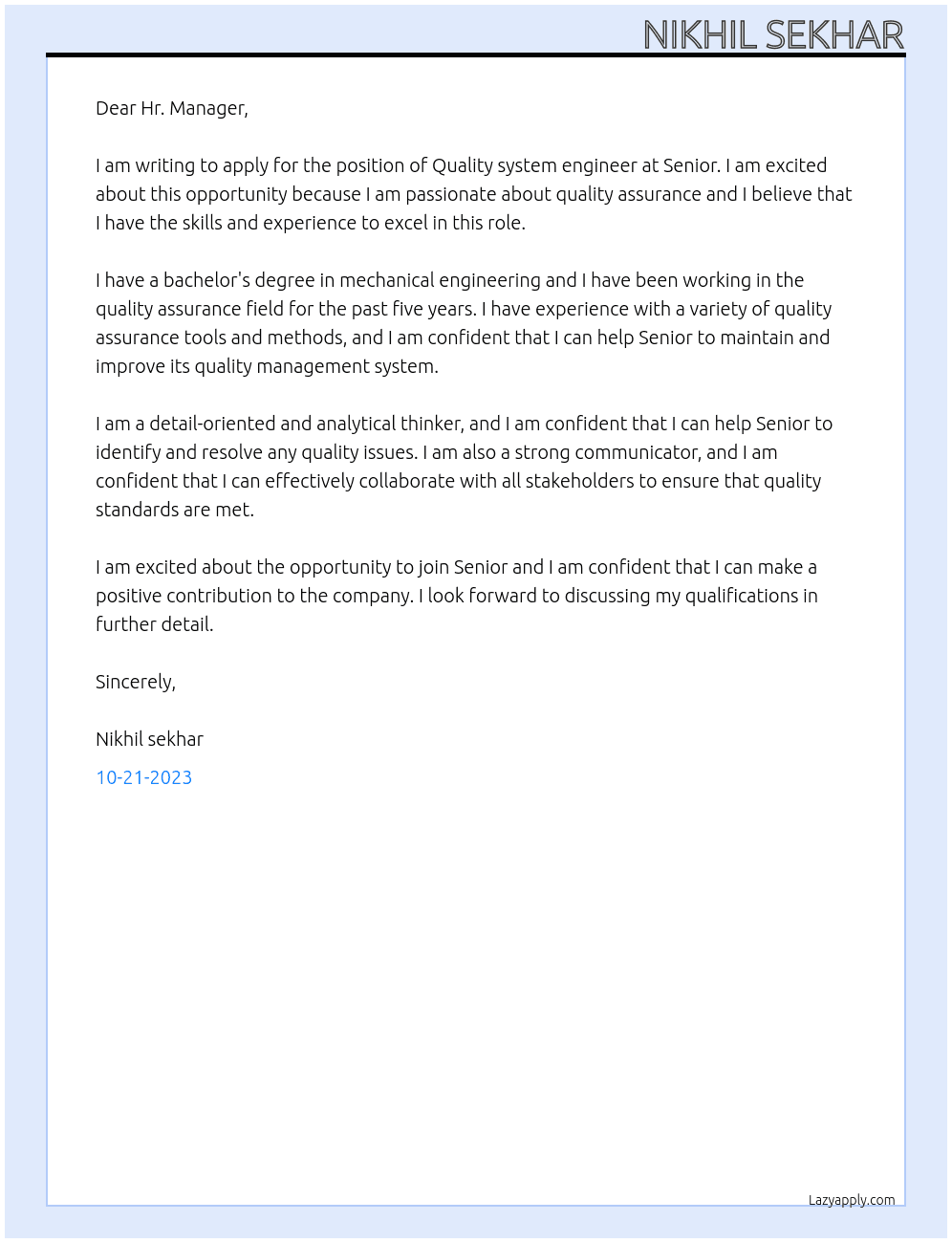 Quality system engineer At Senior Cover Letter