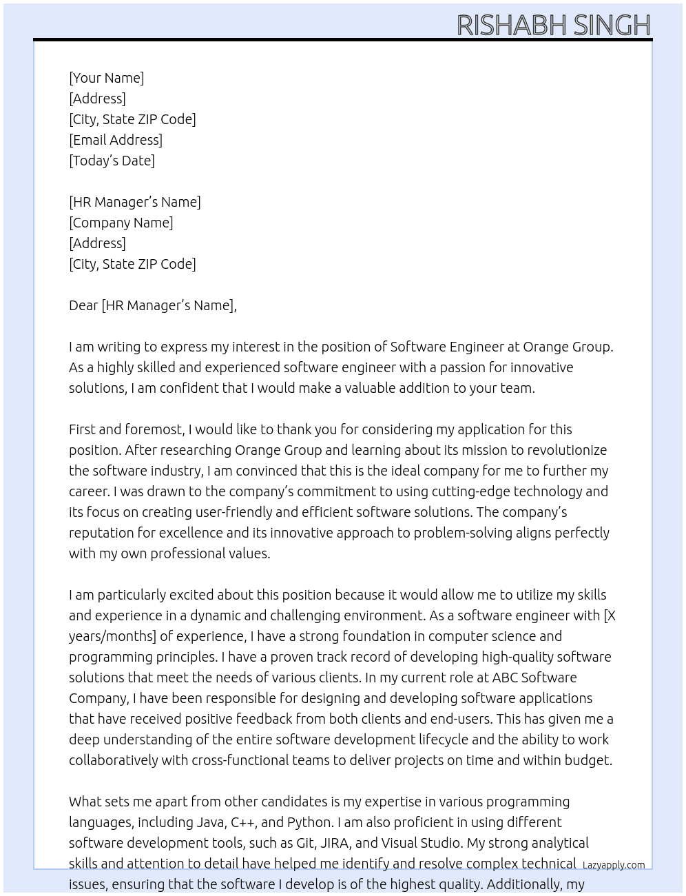 Software Engineer  At Orange Group Cover Letter