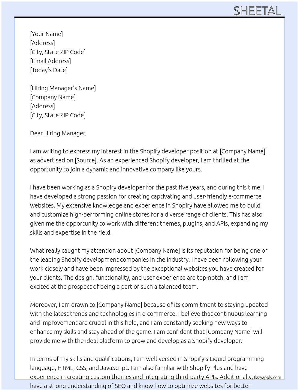Shopify developer  At Shopify developer  Cover Letter
