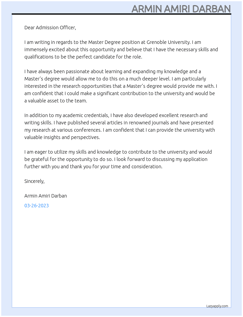 Master Degree At Grenoble University Cover Letter