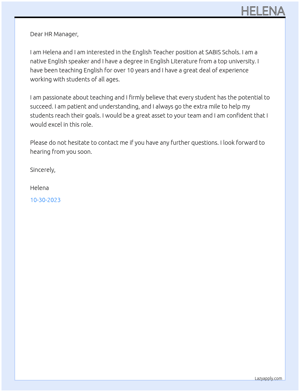 English Teacher At SABIS Schols Cover Letter