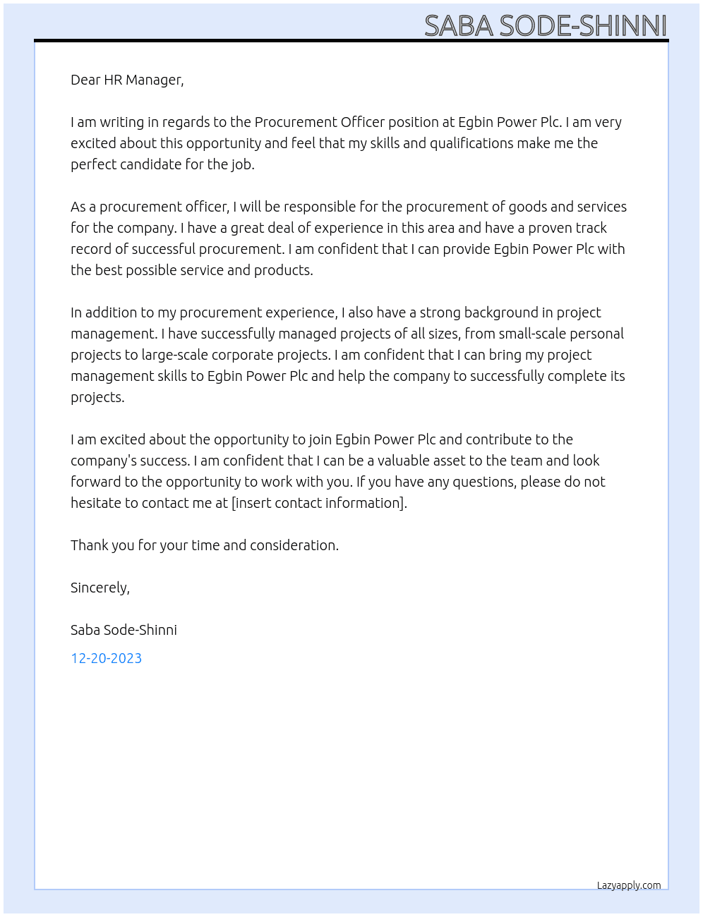 Procurement Officer At Egbin Power Plc Cover Letter