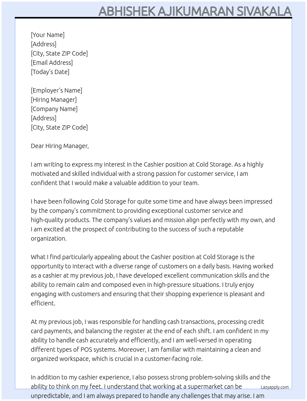 Cashier At Cold Storage Cover Letter