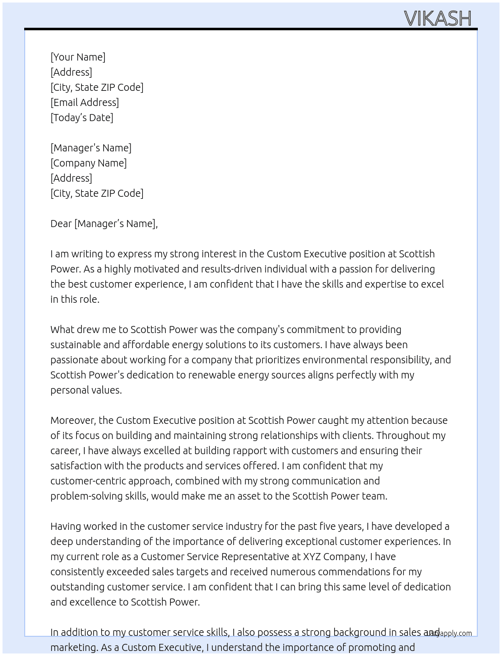 Custom executive  At Scottish Power  Cover Letter