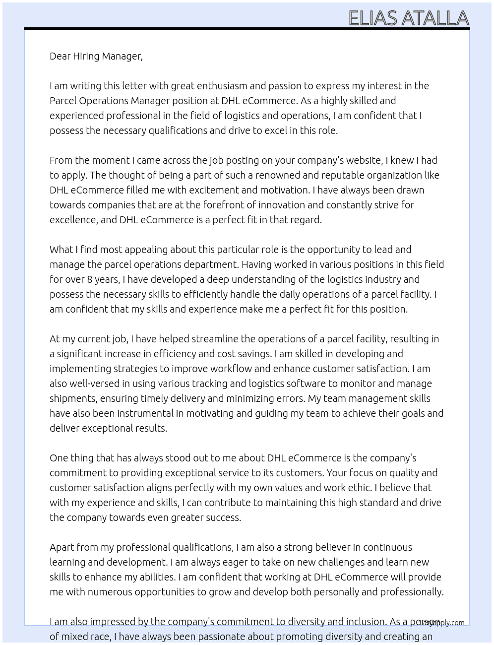 Parcel operations manager  At DHL ECOMMERCE Cover Letter