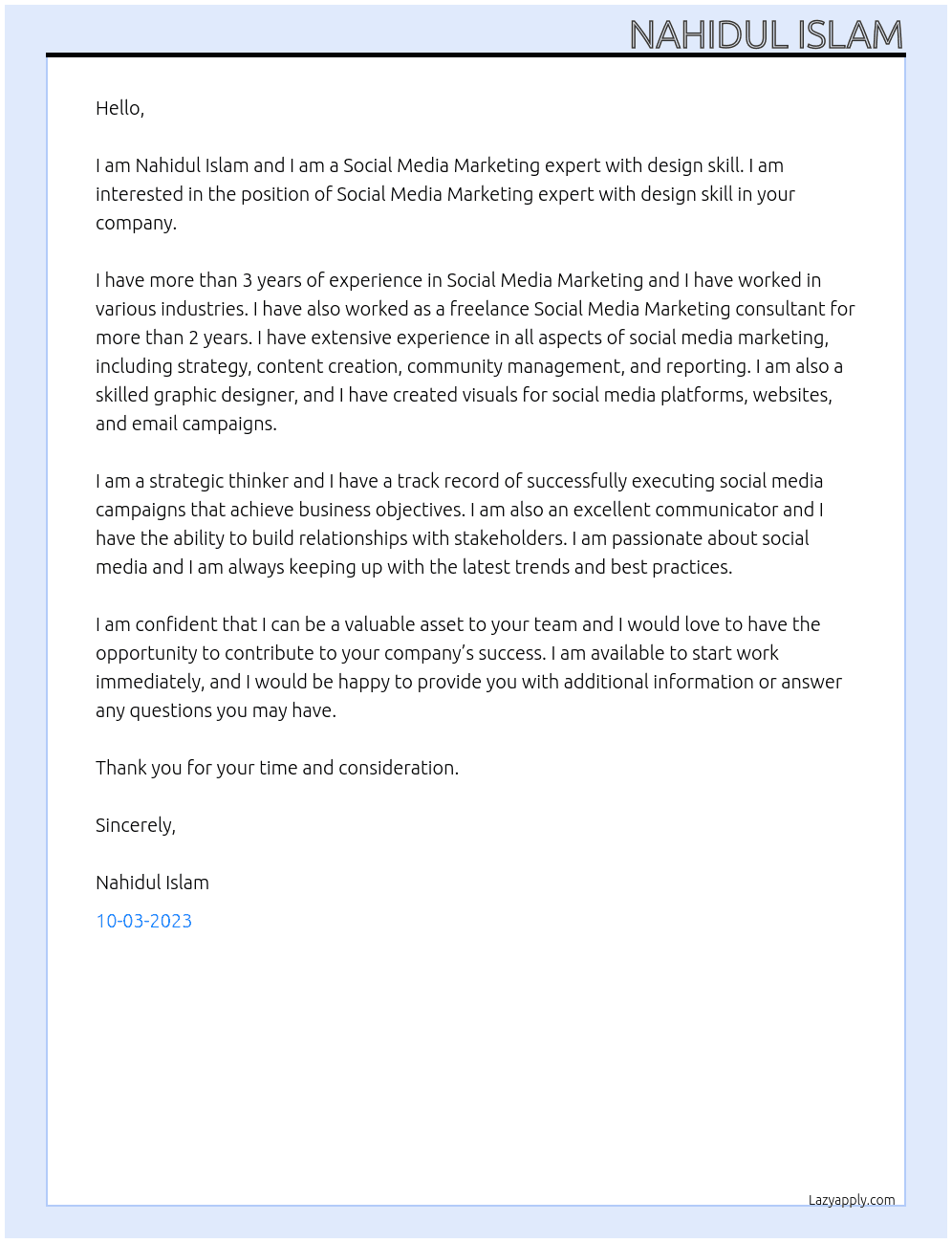 Social Media Marketing expert with design skill At Worldwide Cover Letter