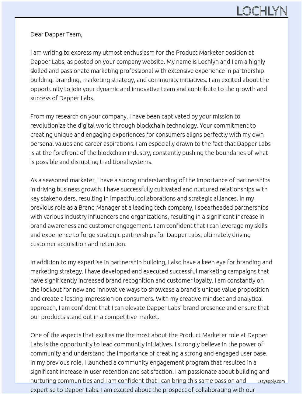 Product Marketer At Dapper Labs  Cover Letter