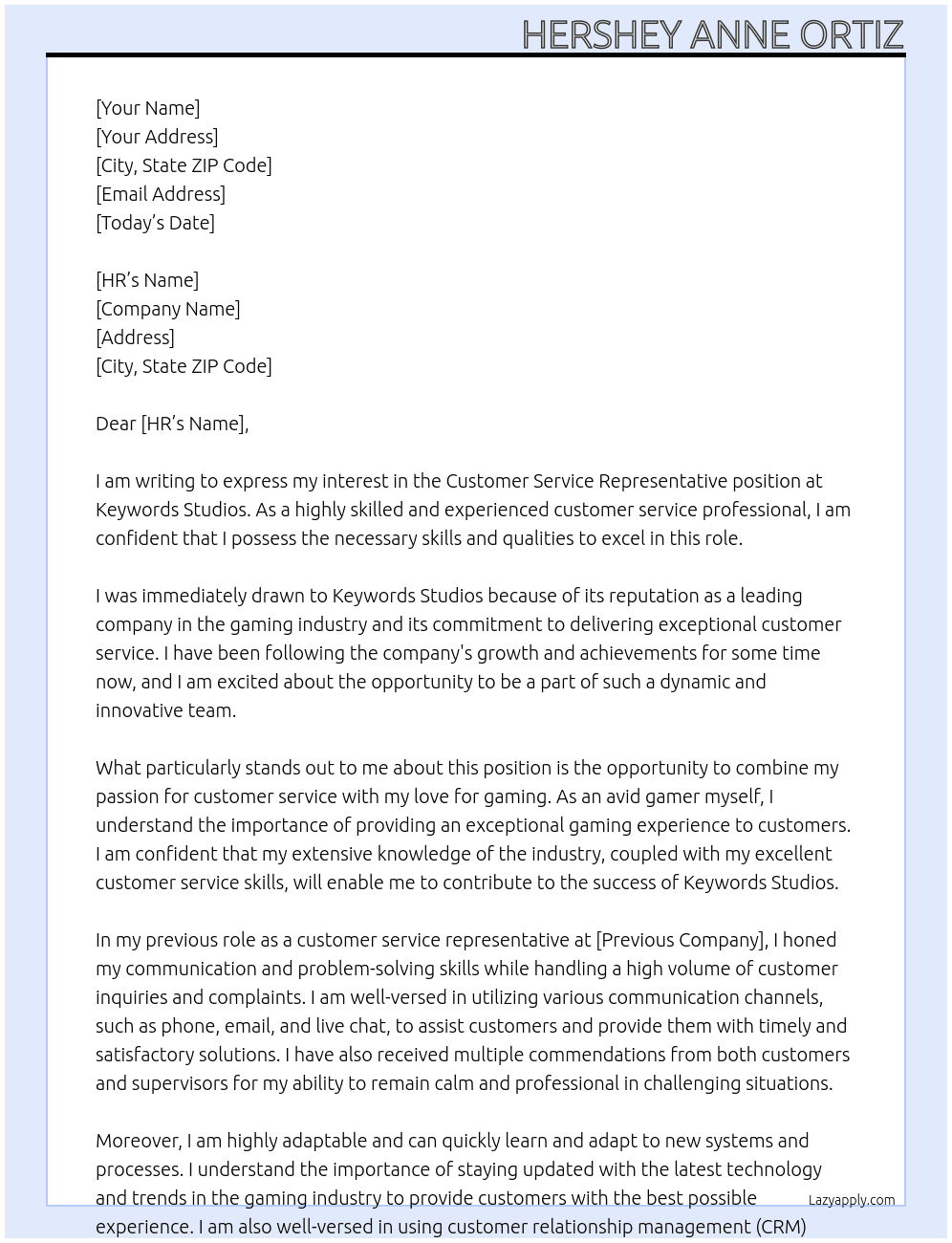 customer service representative  At keywords studios Cover Letter