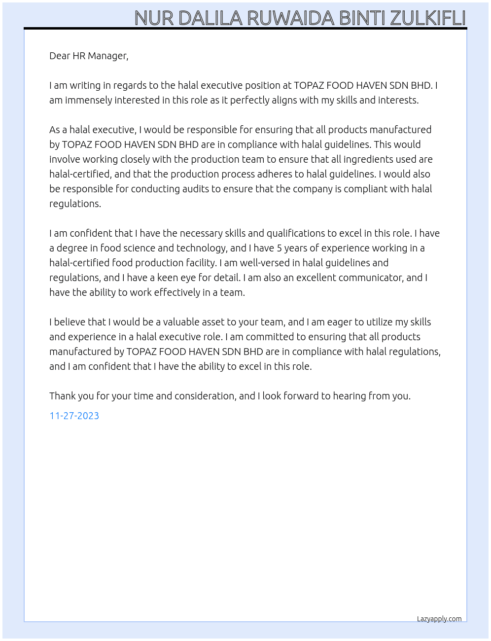 halal executive At TOPAZ FOOD HAVEN SDN BHD Cover Letter