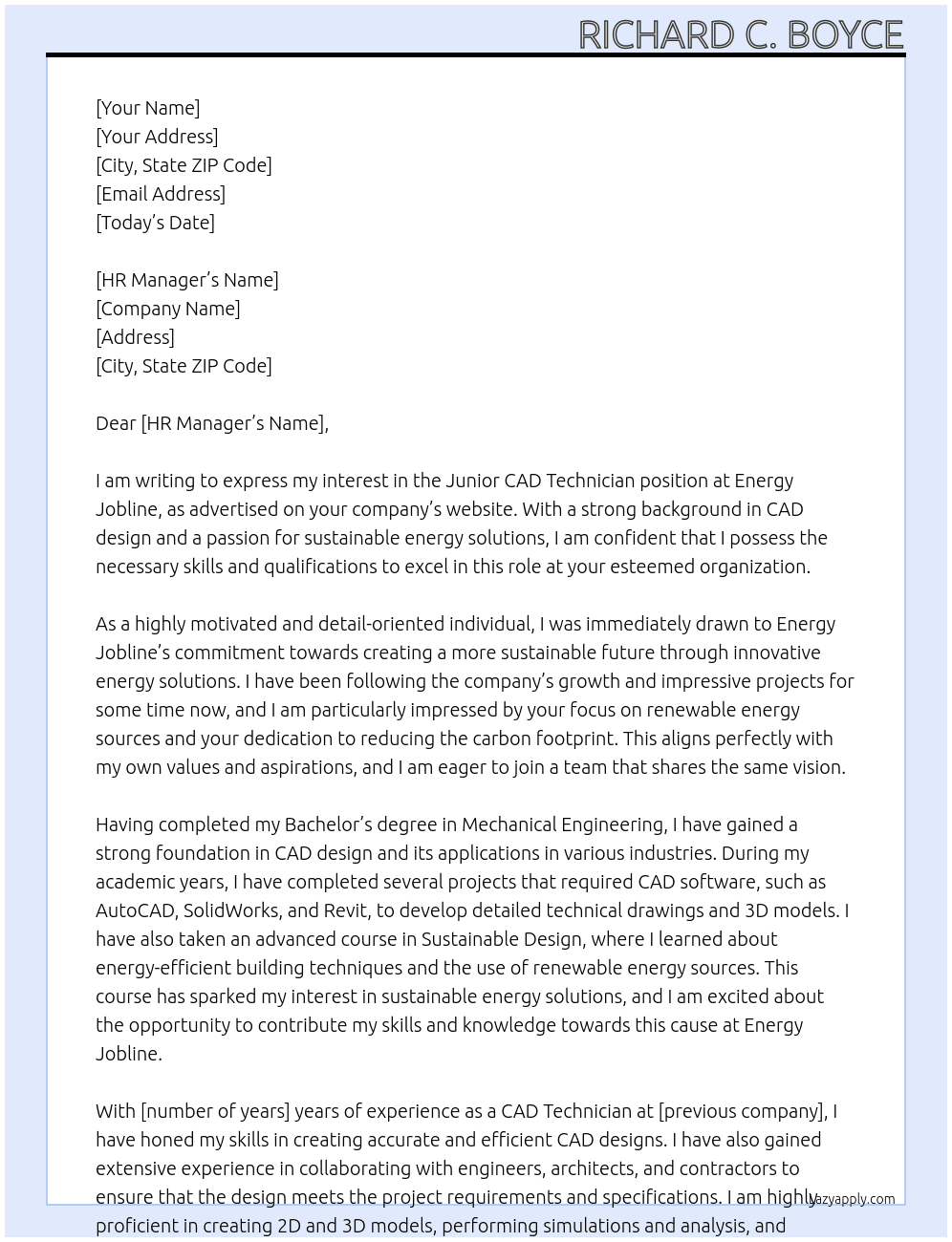 Junior CAD Technician At Energy Jobline Cover Letter