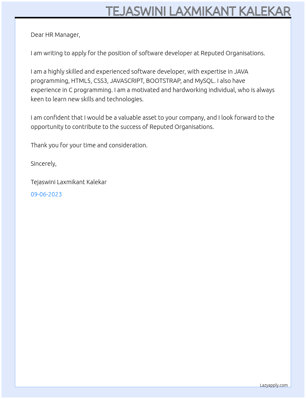 software developer, front end developer At  Reputed Organisations Cover Letter