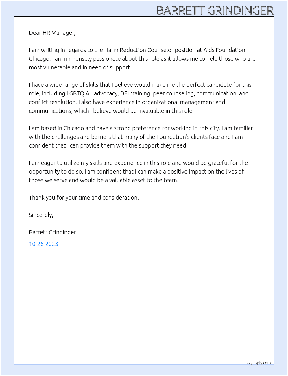 Harm Reduction Counselor At Aids Foundation Chicago Cover Letter