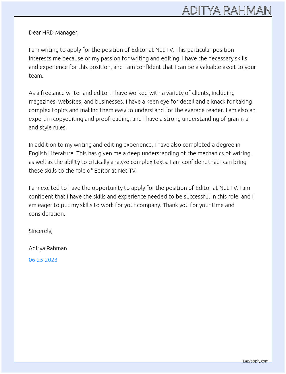 Editor At Net tv Cover Letter