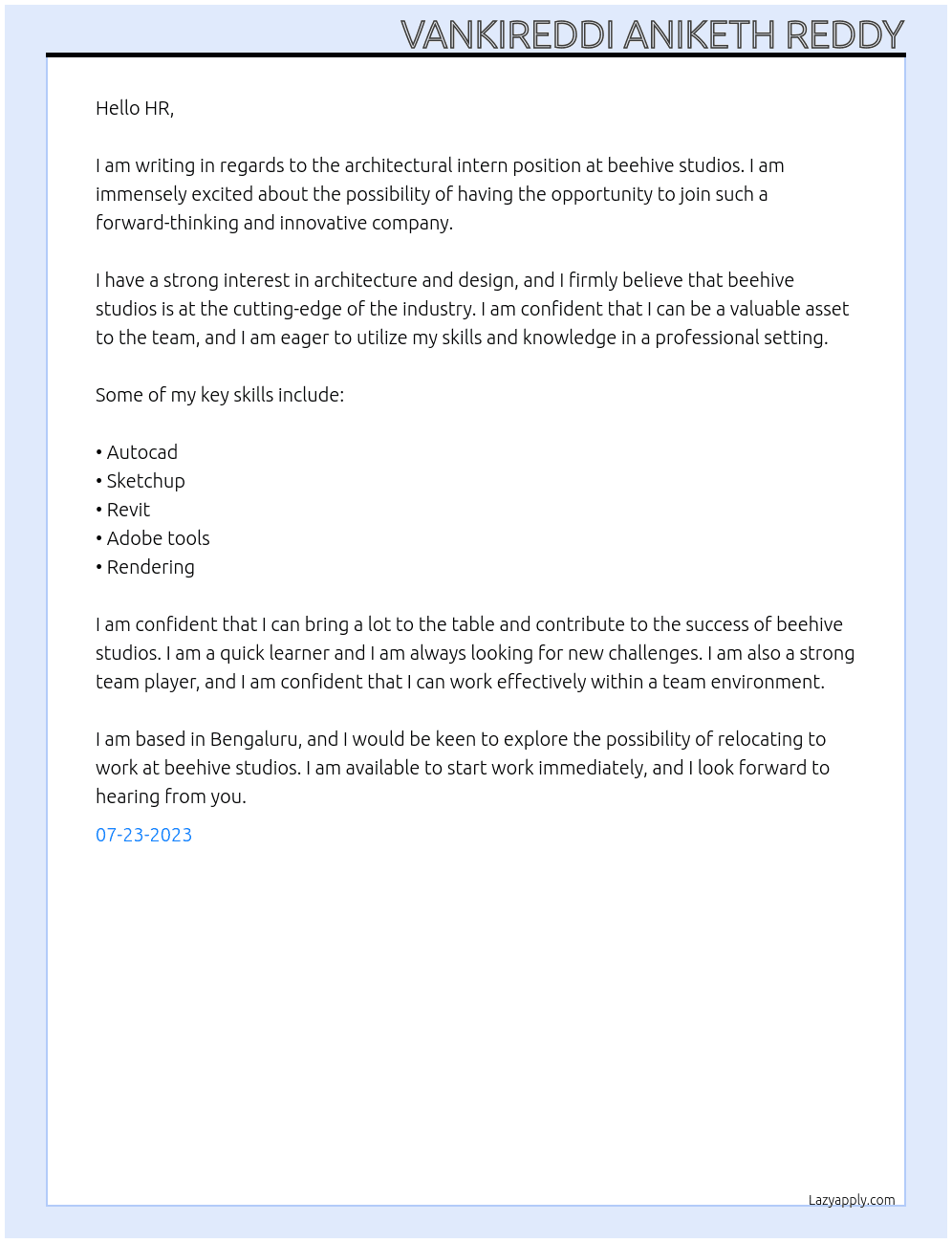 architectural intern At beehive studios Cover Letter