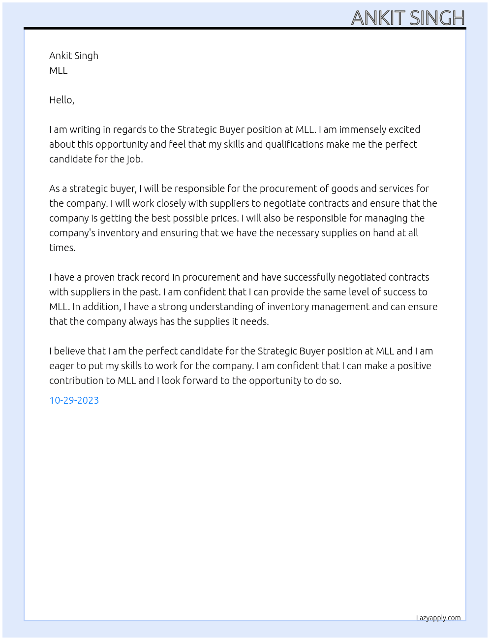Strategic Buyer At MLL Cover Letter