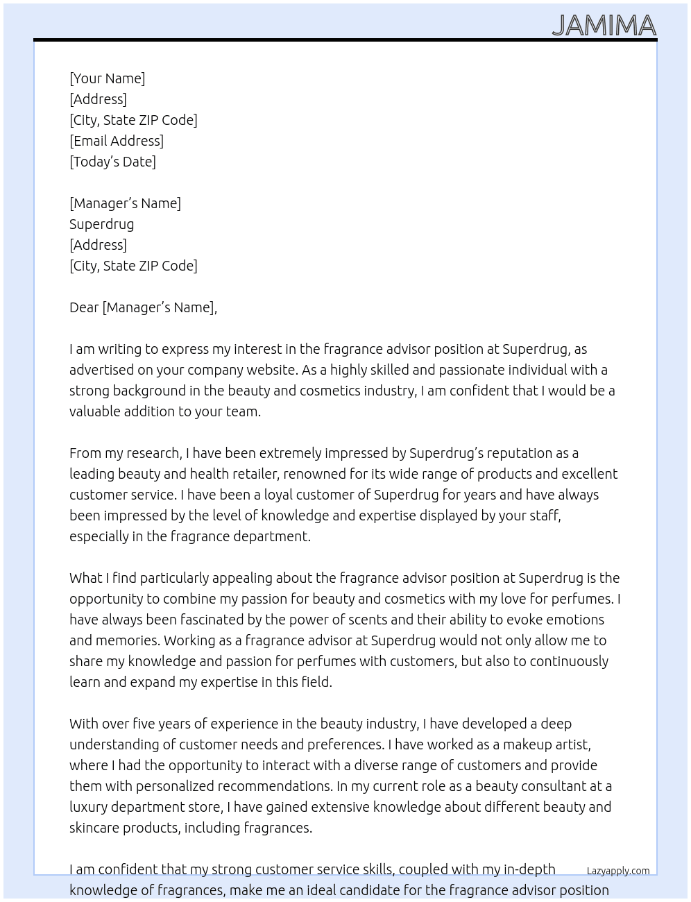 fragrance advisor At Superdrug Cover Letter