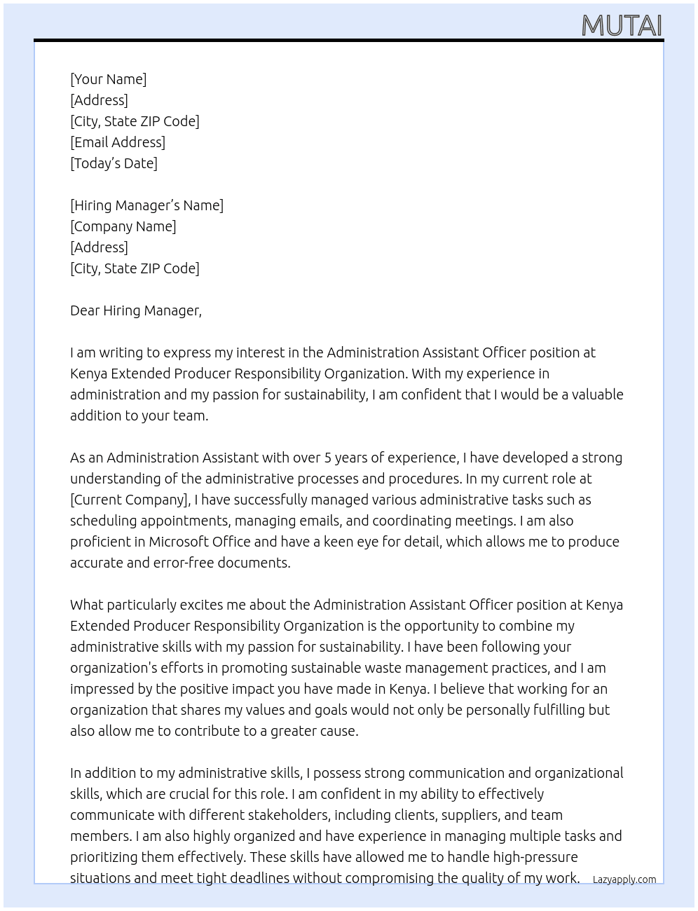 Administration Assistant Officer At Kenya Extended Producer Responsibility Organization Cover Letter