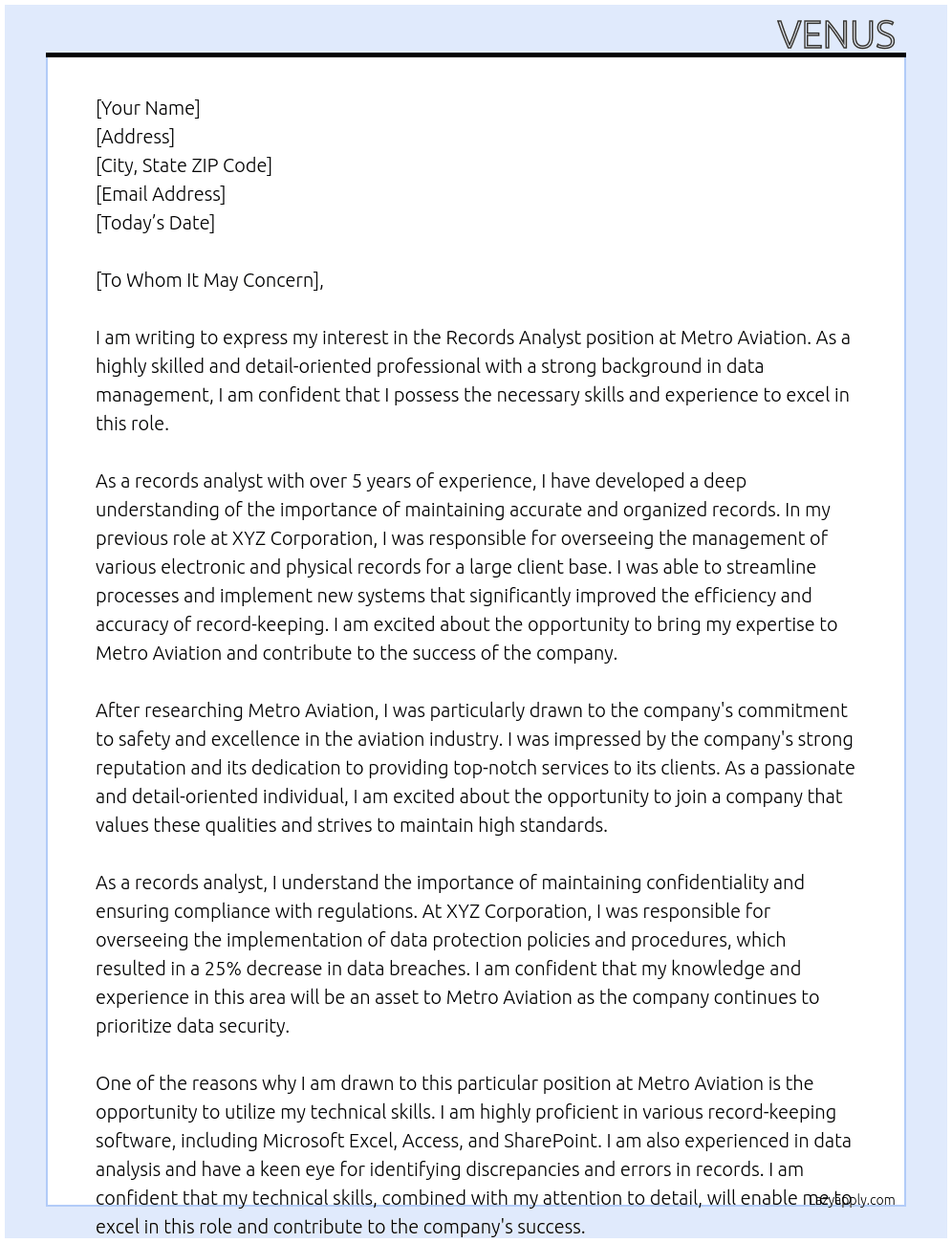 Records analyst At Metro Aviation Cover Letter