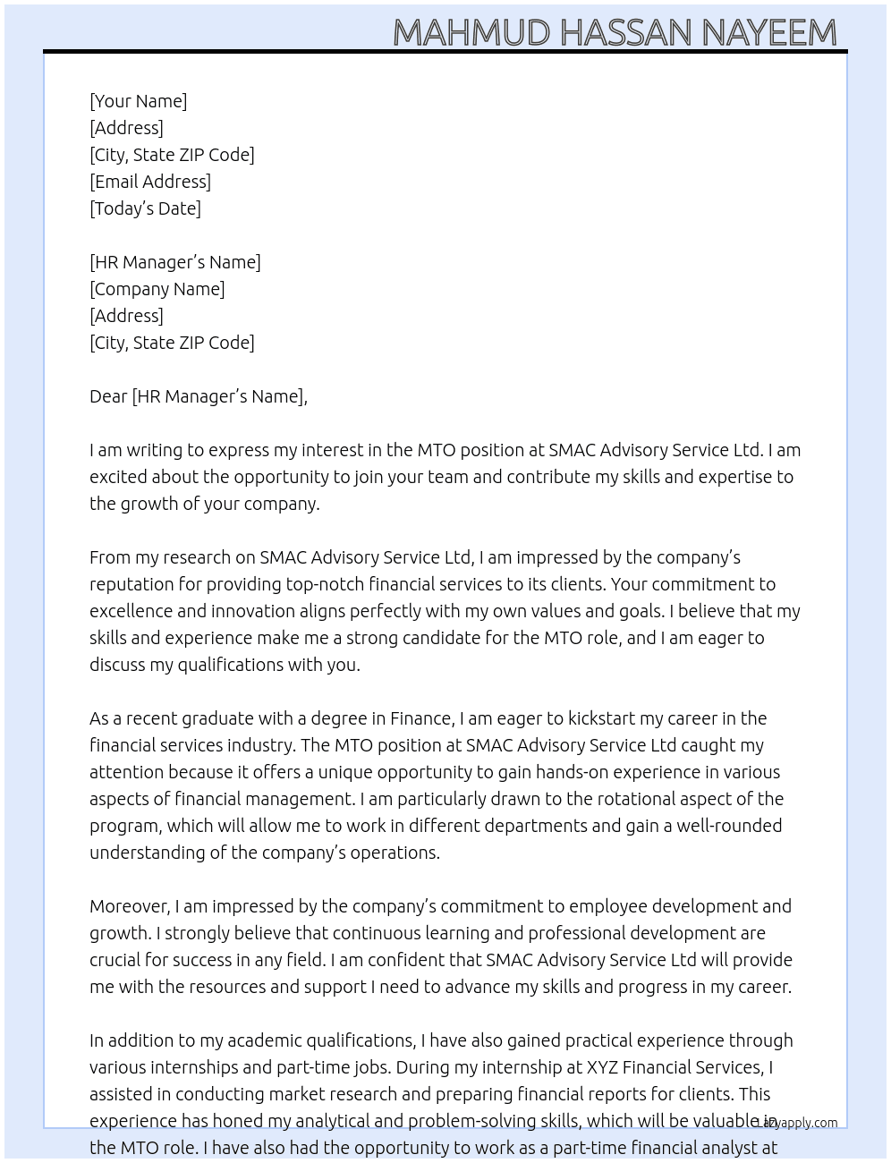 MTO At SMAC ADVISORY SERVICE LTD  Cover Letter