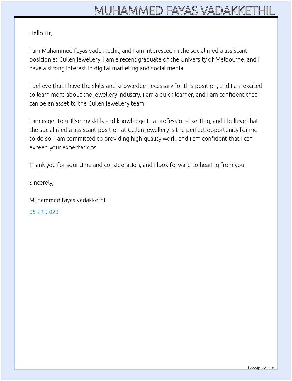 Social media assistant  At Cullen jewellery  Cover Letter