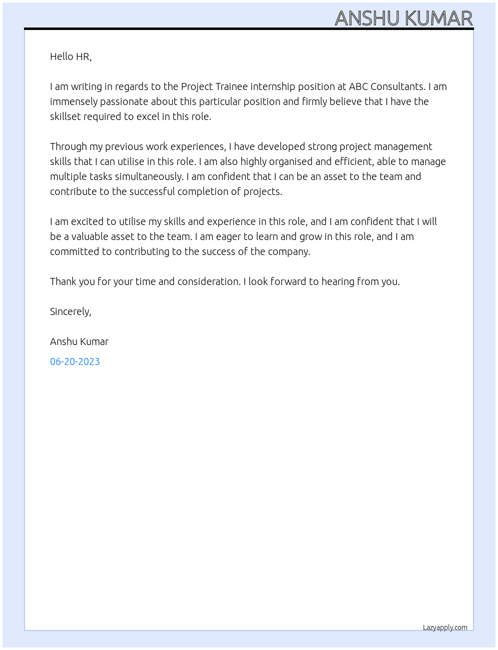 Project Trainee internship At ABC Consultants Cover Letter