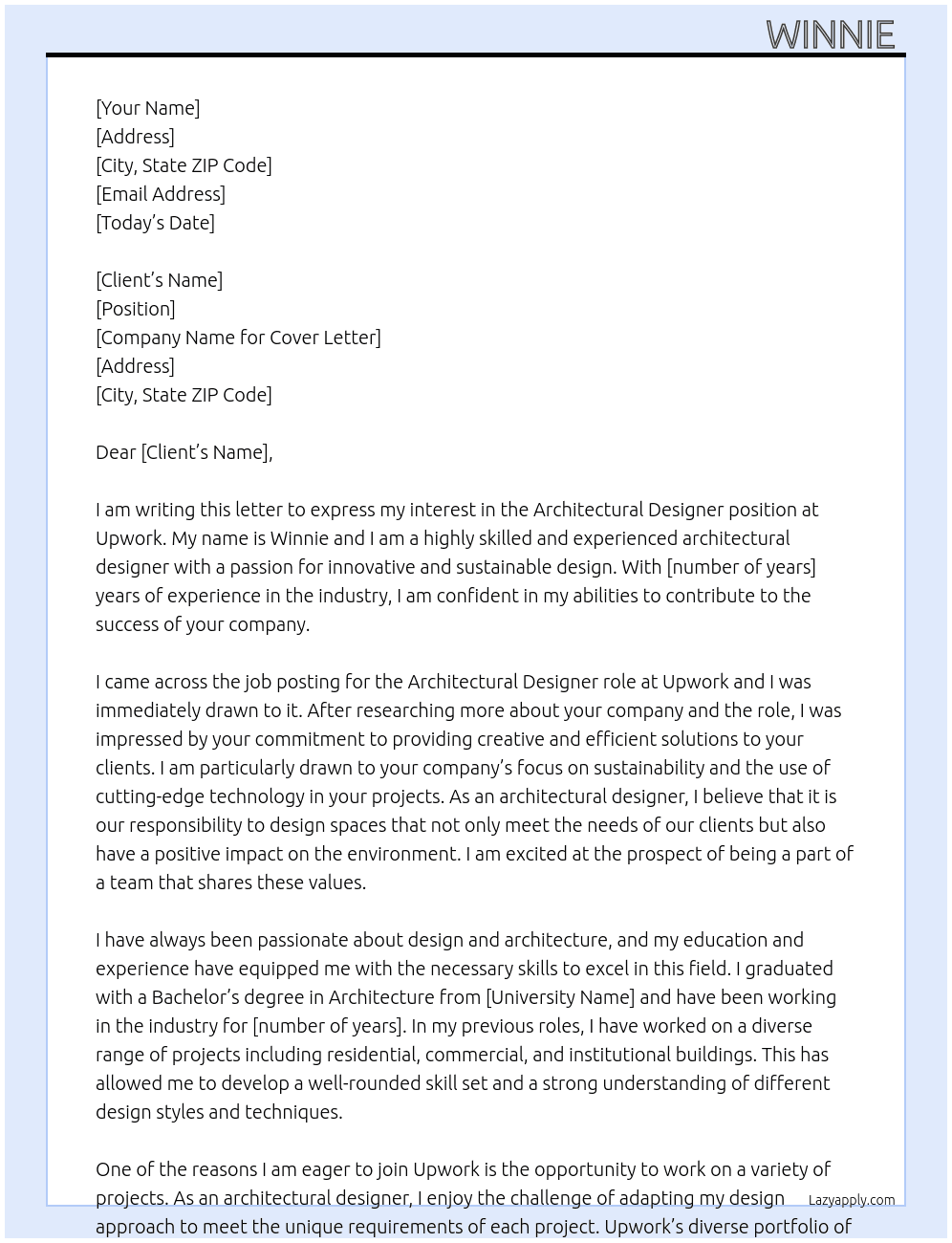 Architectural designer At upwork Cover Letter