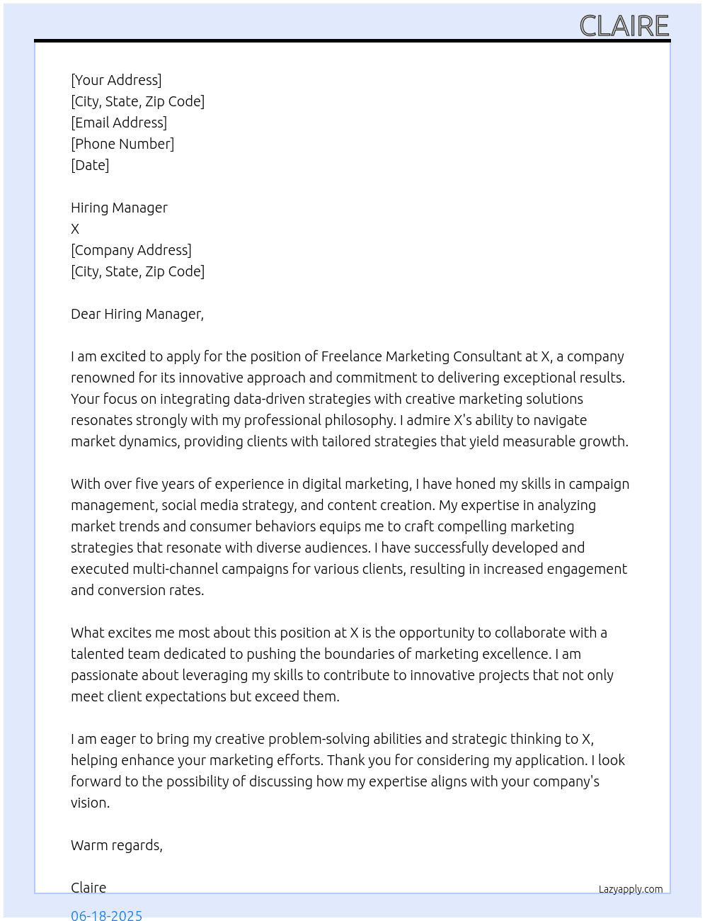 Cover letter for freelance marketing consultant - LazyApply