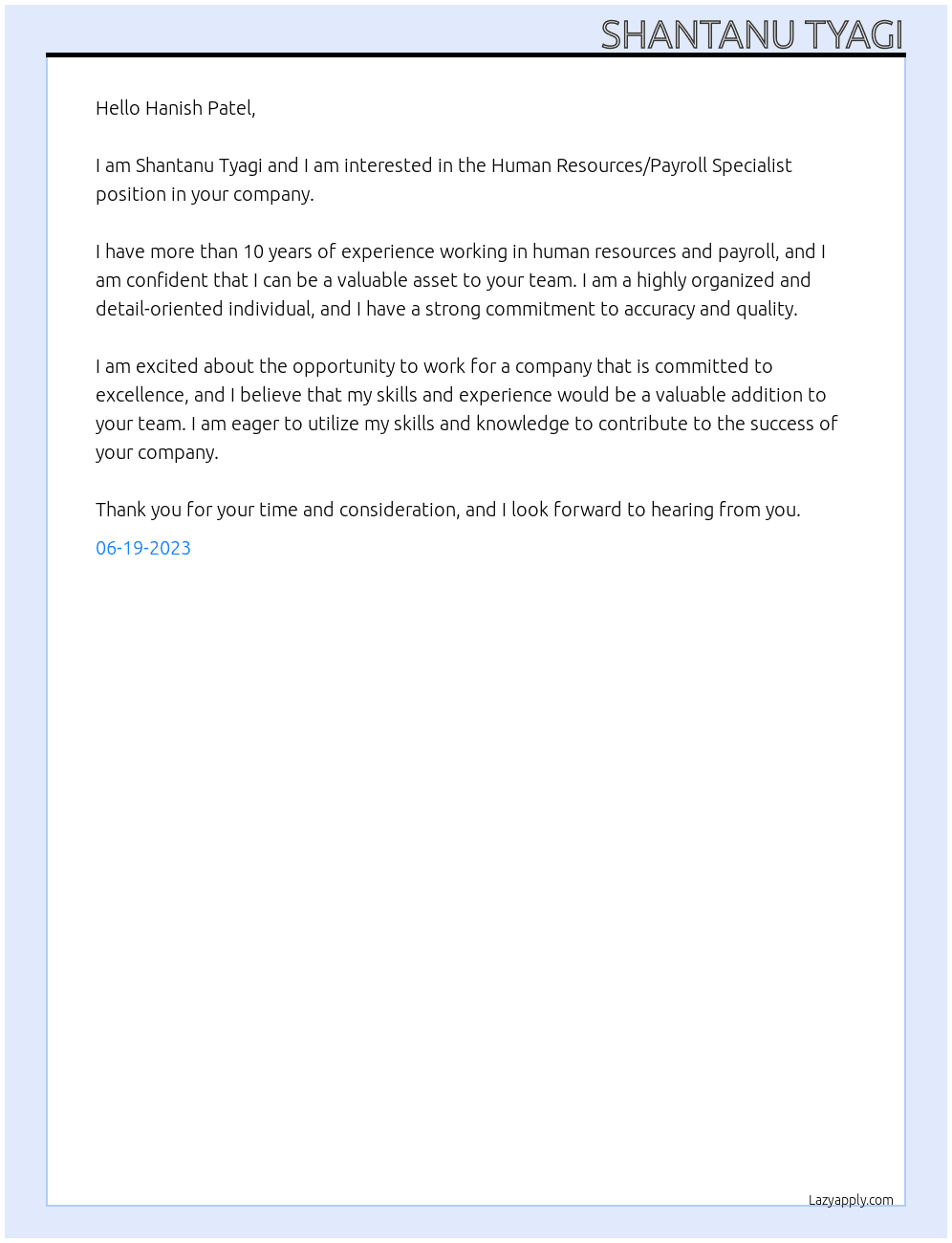 Human Resources/Payroll Specialist At Shantanu Tyagi Cover Letter