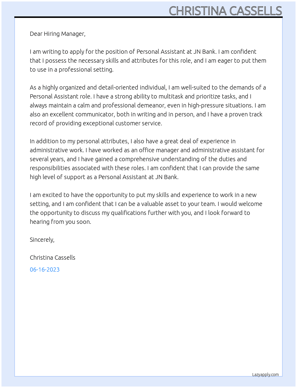 Personal Assistant  At JN Bank Cover Letter