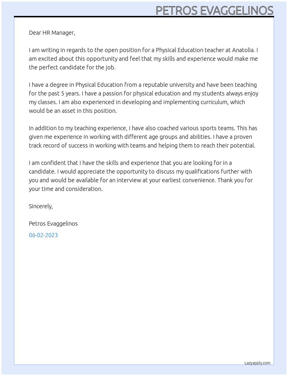 Physical education teacher At Anatolia Cover Letter