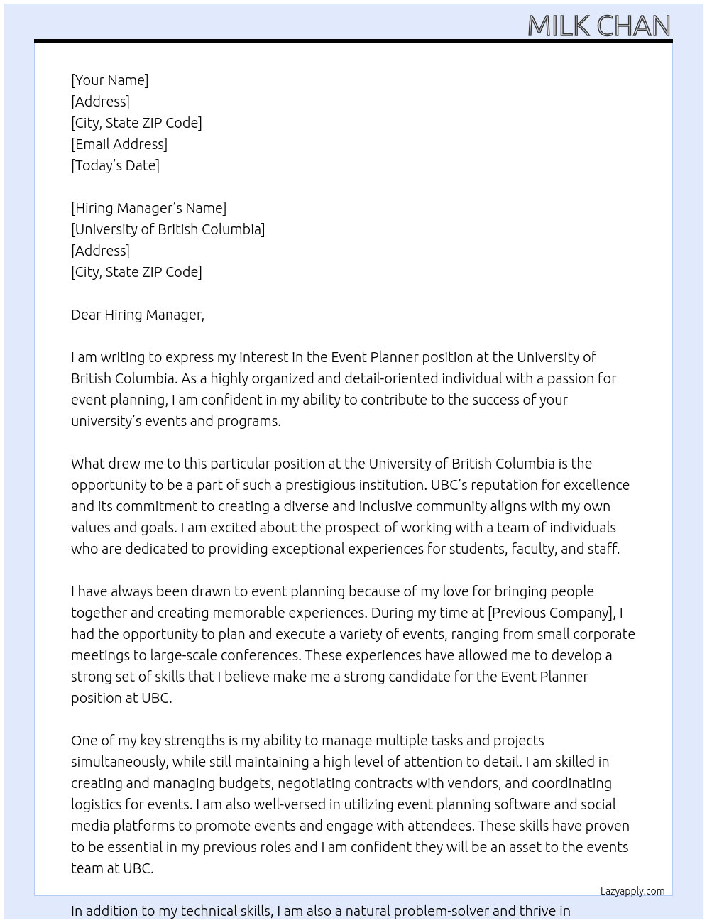 Event Planner At University of British Columbia Cover Letter