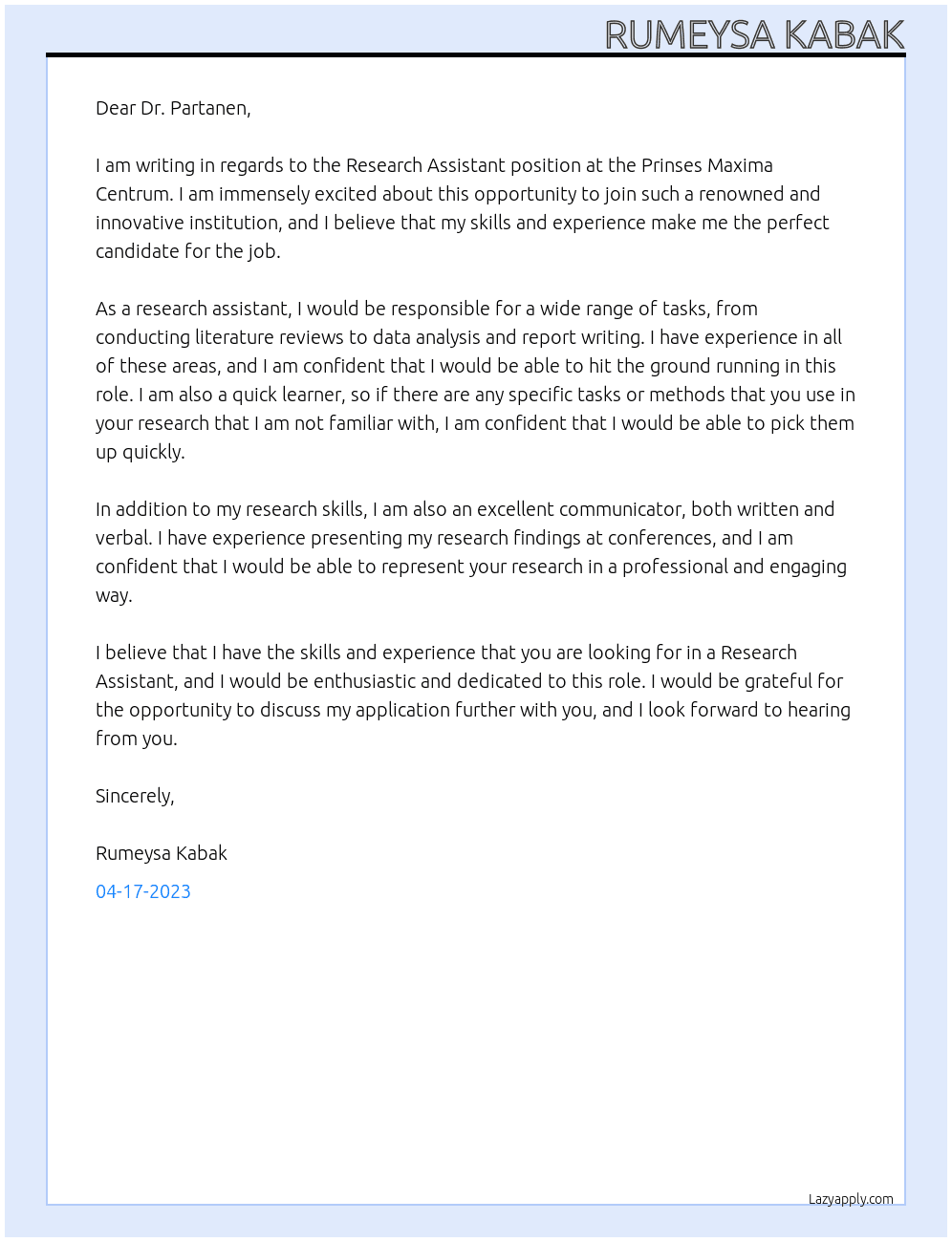 Research Assistant At Prinses Maxima Centrum Cover Letter