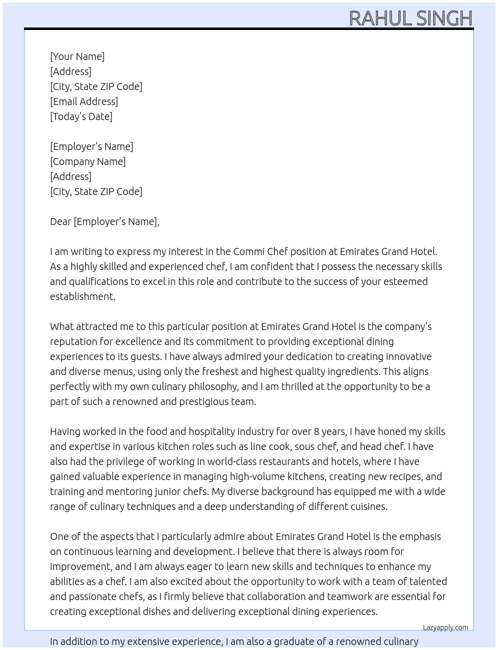 Commi Chef At Emirates grand hotel  Cover Letter