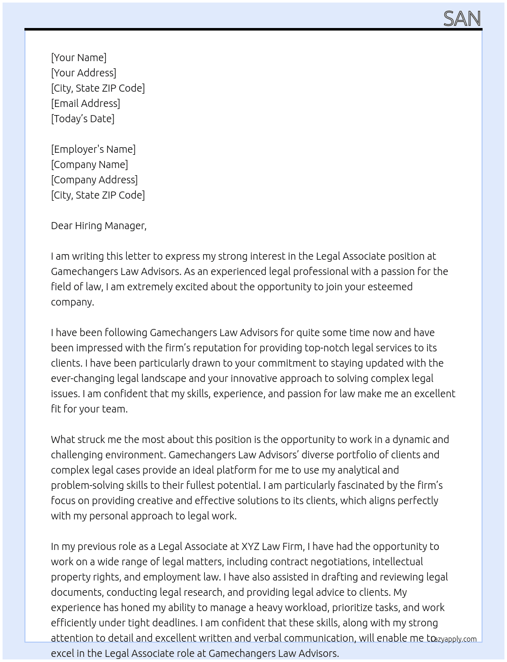 legal associate At gamechangers law advisors Cover Letter