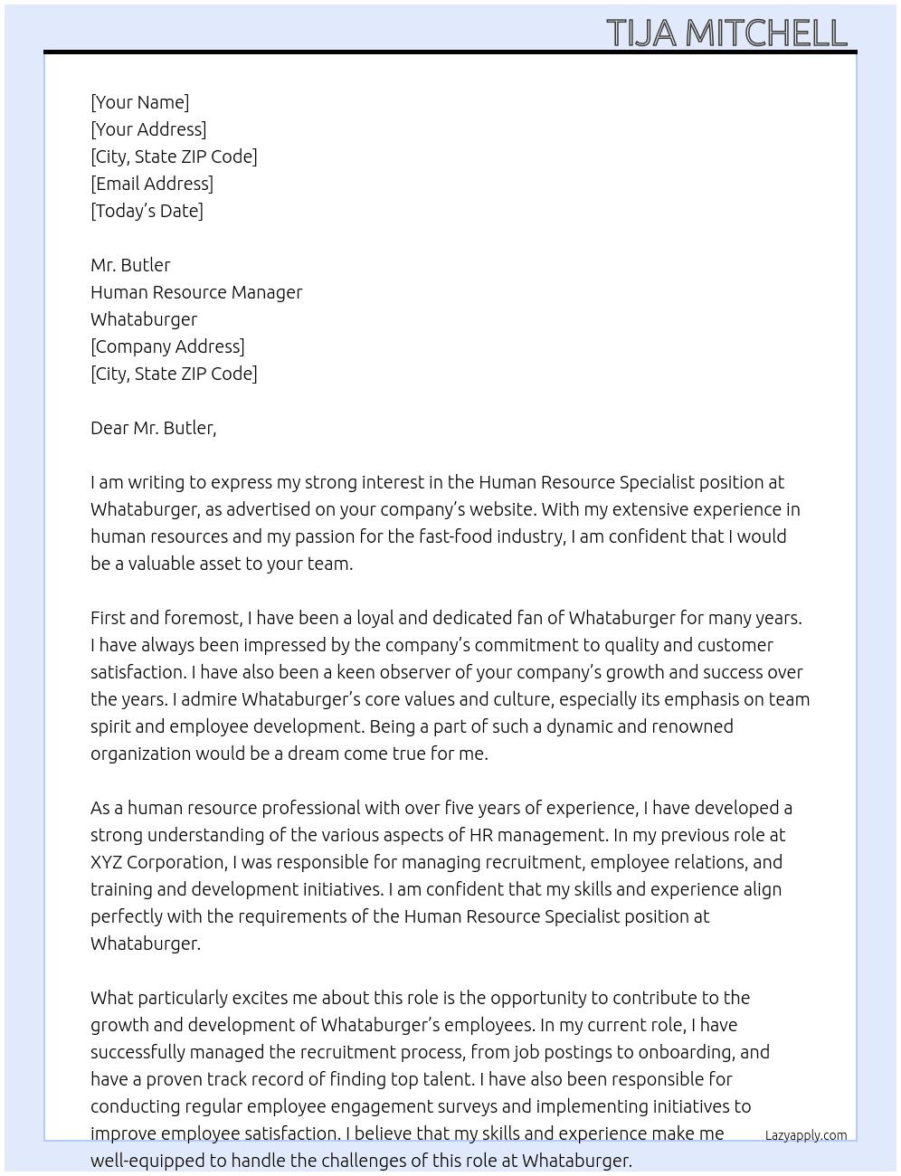 Human resource specialist  At Whataburger  Cover Letter