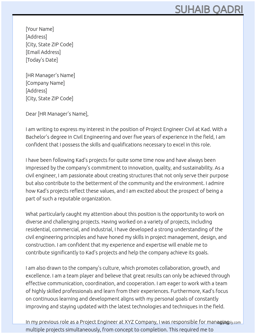 Project engineer civil  At Kad  Cover Letter