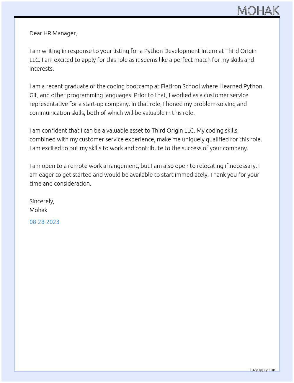 Python Development Intern At Third Origin LLC Cover Letter