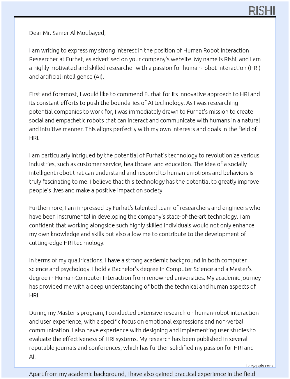 human robot interaction researcher At furhat Cover Letter