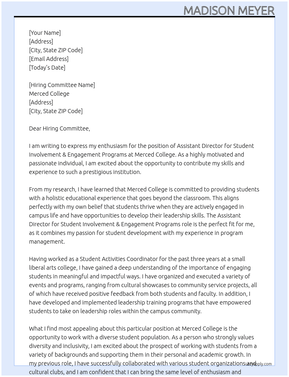 Assistant Director for Student Involvement & Engagement Programs At Merced College Cover Letter