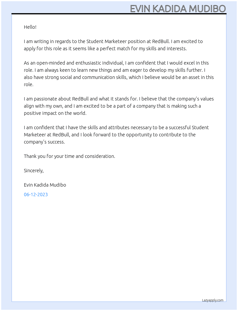 Student Marketeer At RedBull Cover Letter