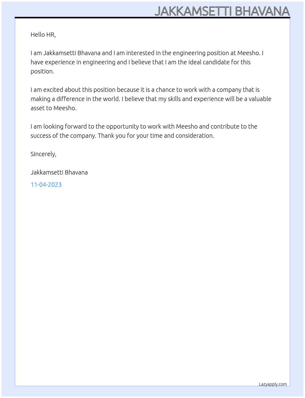 engineering At Meesho Cover Letter