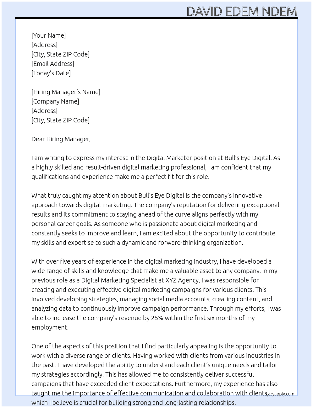 Digital Marketer  At Bull’s Eye Digital  Cover Letter