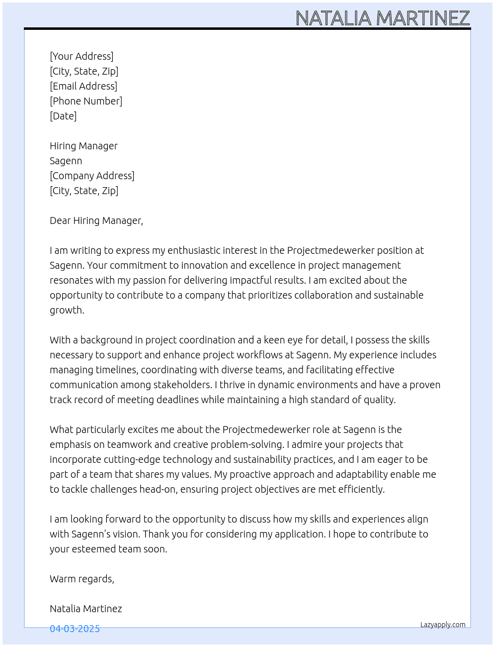 Projectmedewerker At Sagenn Cover Letter