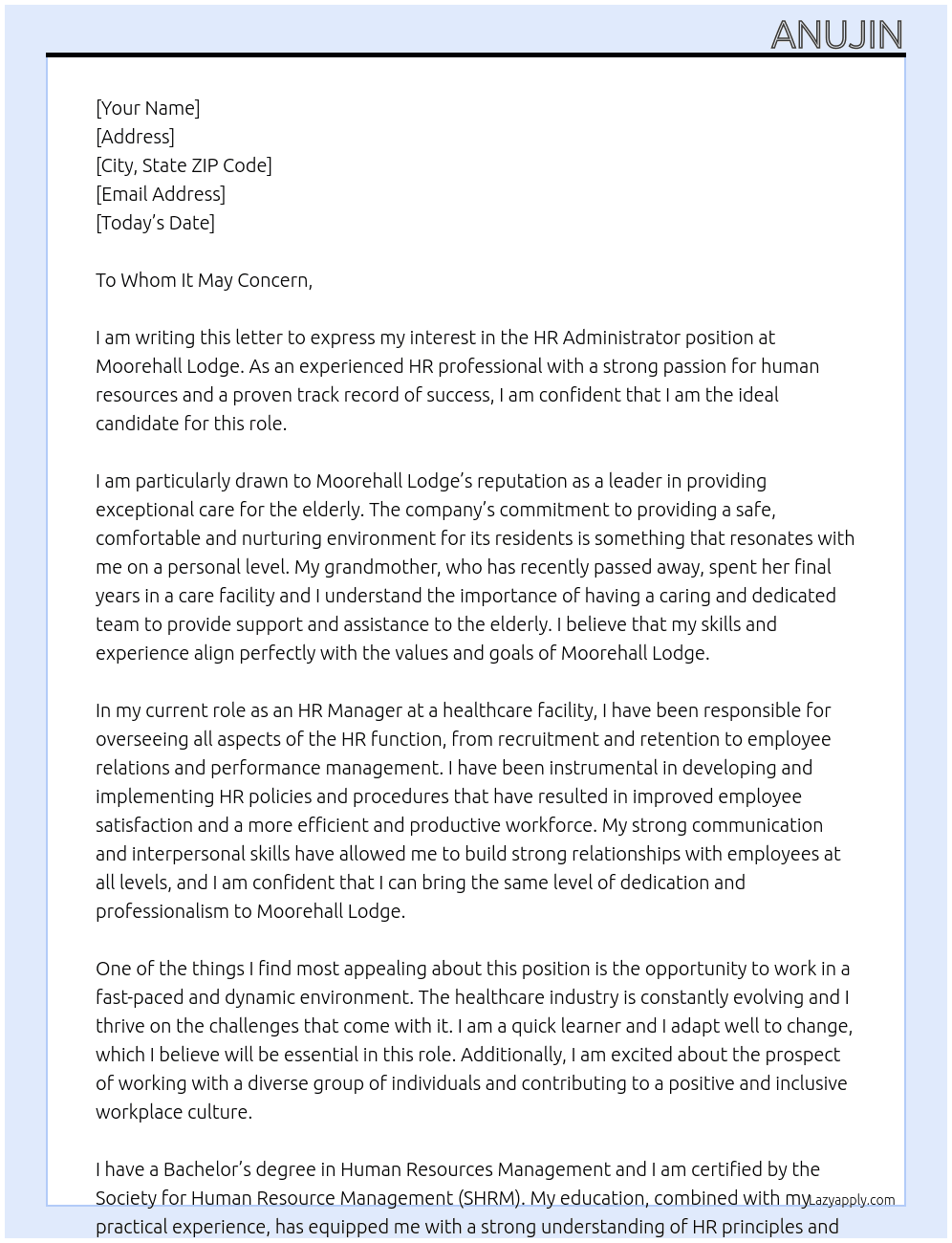 HR Administrator  At Moorehall Lodge  Cover Letter