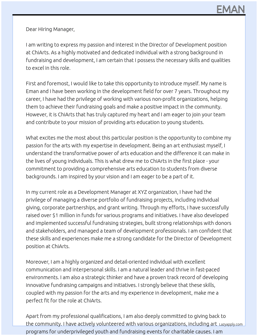 Director of Development At ChiArts Cover Letter