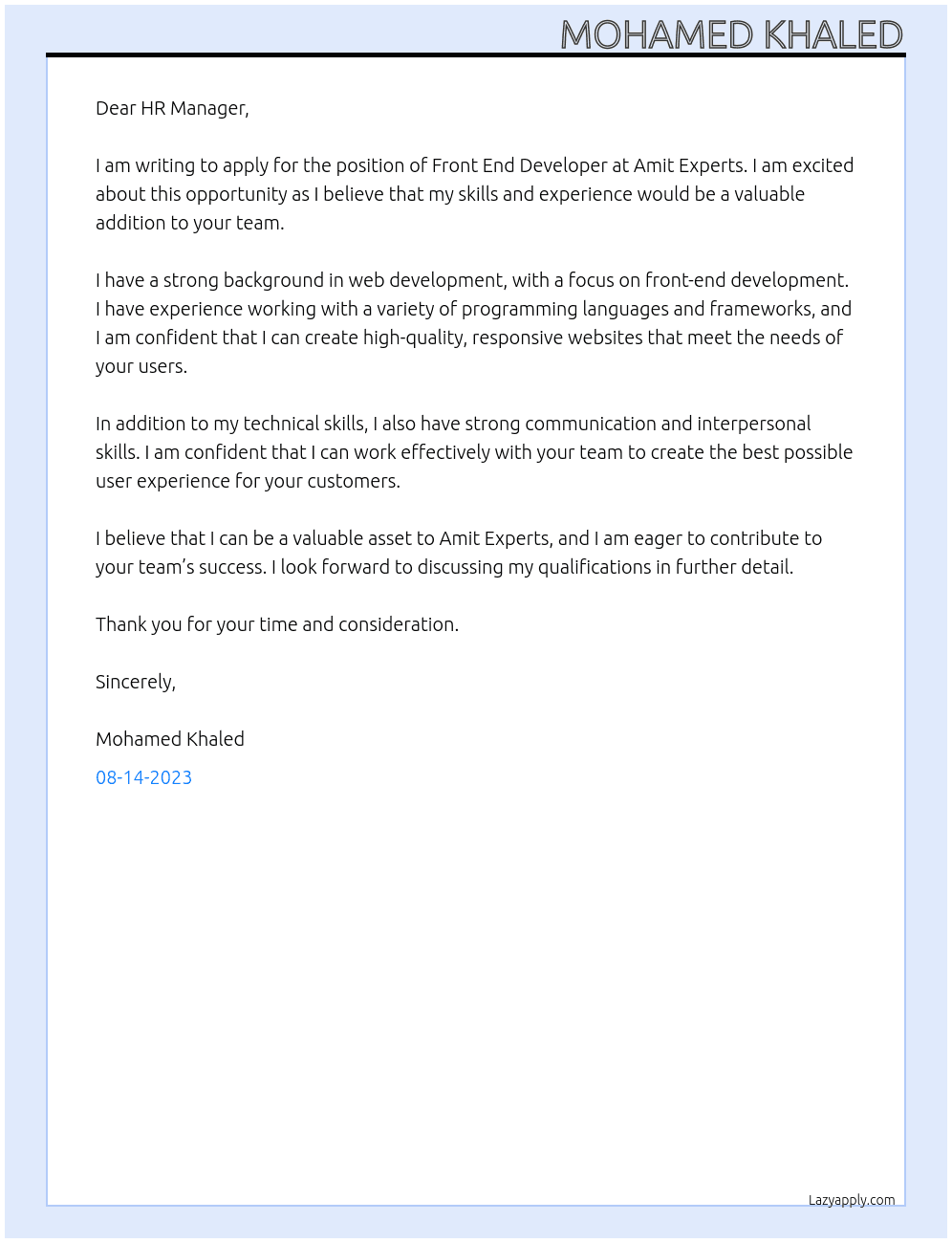 Front End Developer At AMIT EXPERTS Cover Letter